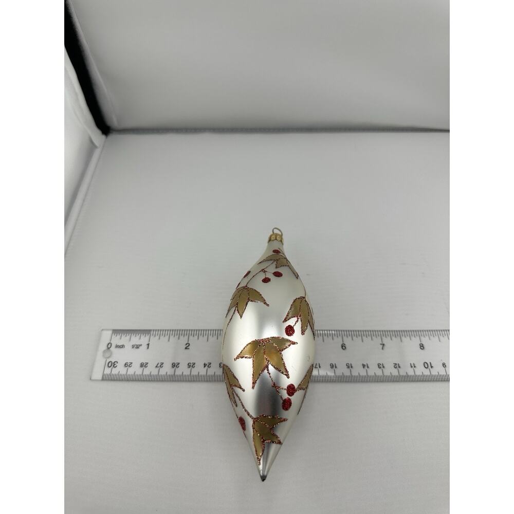 Vintage Hand Blown Glass Christmas Ornament Silver w/ Gold Leaves Berries 7" - Picture 5 of 5